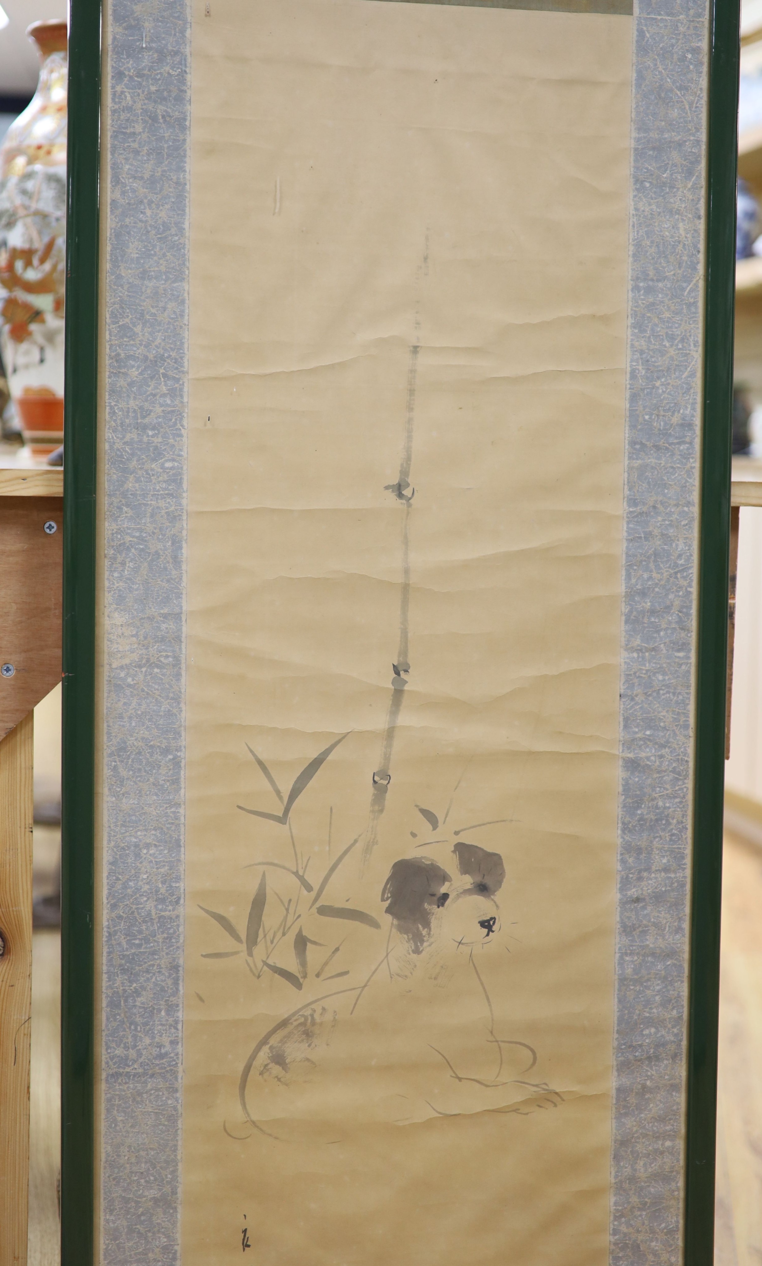 A 19th century Japanese ink painting on paper of a dog, image 96.5 x 32 cm